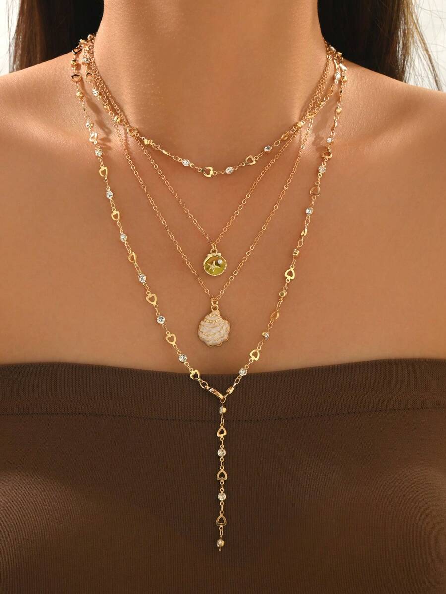 4 st/set halsband med sjöstjärnor och snäckor och strass, guldfärgade flerskiktade hjärtan, handgjorda kedjesmycken, delikat lyxdesign, mångsidig för vardagsbruk, dejting, kvinnor - Multifärgad - Visa 1