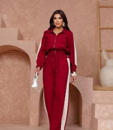 Women's Two-Tone Formal Outfit, Elegant And Comfortable For Travel, Chic Striped Set. - 酒紅色 - 查看 2