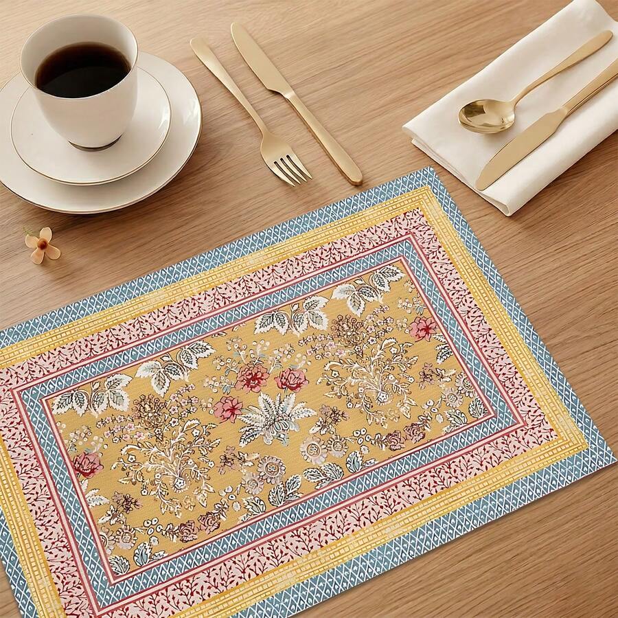 1pc/4pcs/6pcs Bohemian Style Printed Linen Placemats, Suitable For Dining Table, All Season Decor, Modern Washable Tablemats, Room Decor, Coasters, Kitchen Dining Mats, Indoor Outdoor Party Decoration, Home Decor, Ideal Gift - Multicolor - View 1