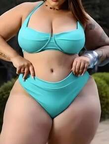 Plus Size Half Cup Bikini Set With High Waist And Adjustable Ties - Ana Ruga Women's - Mint Green - View 2