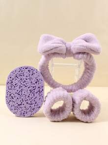 4 piezas Diadema morada + Muñequeras + Esponja de limpieza, Diadema de spa suave y esponjosa y muñequeras absorbentes de agua, Borla de limpieza facial reutilizable para el cuidado de la piel, maquillaje y ducha - Púrpura malva - Ver 3