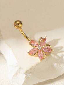 1 pieza Joya para piercing de ombligo con colgante de flor con circonita cúbica en tono dorado, anillo de ombligo de estilo Y2K para mujeres - Amarillo Oro - Ver 3