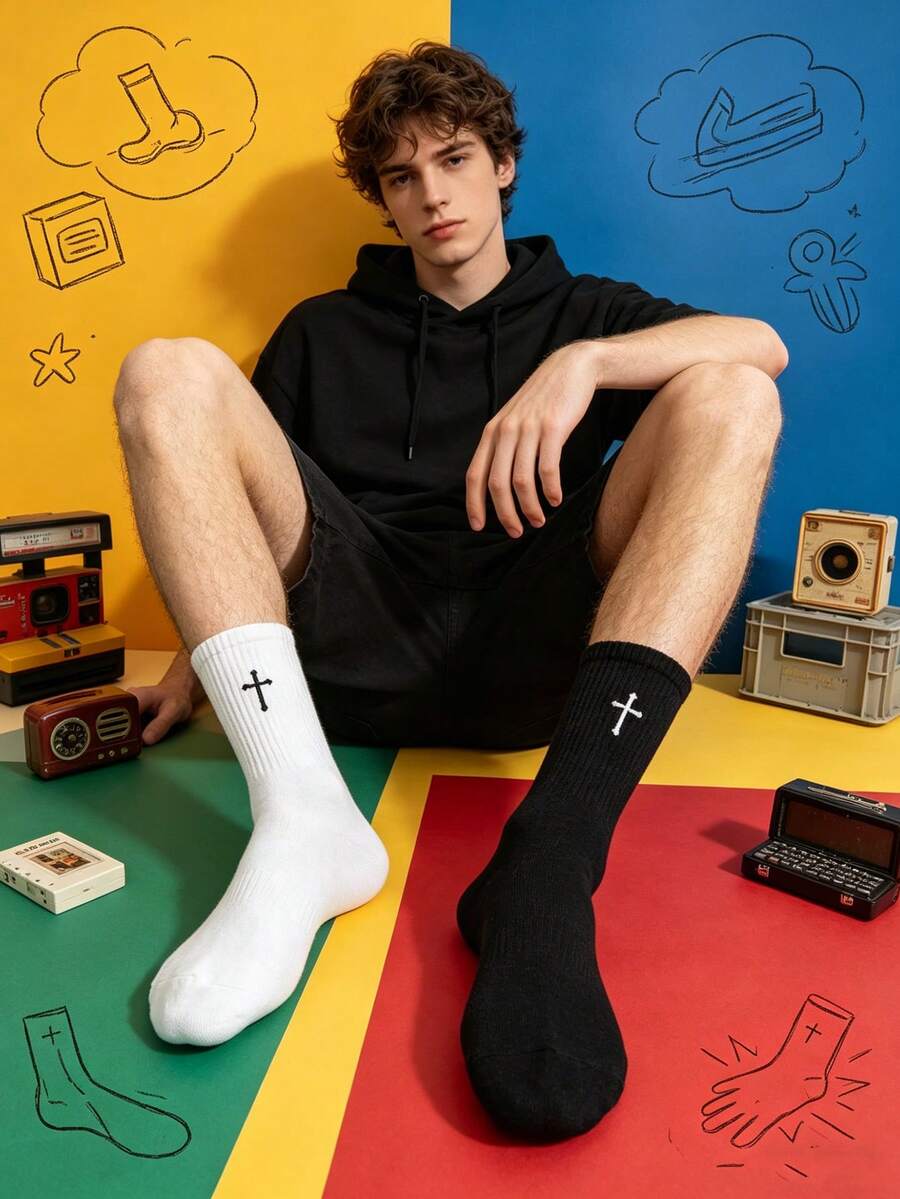 1/2 par de calcetines de tripulación con patrón de punto de cruz para hombres - Multicolor - Ver 1