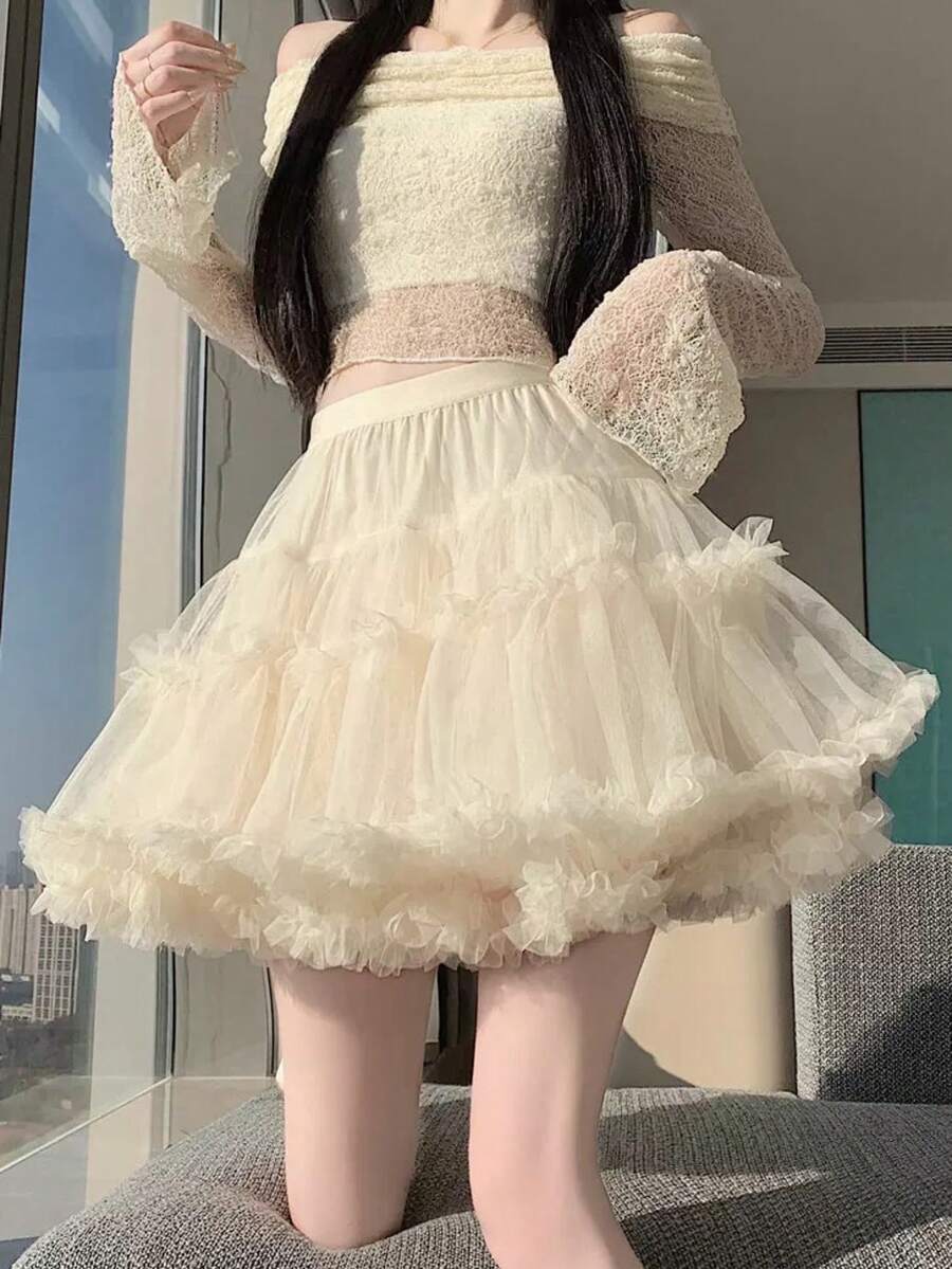 女款蘿莉塔風多層蓬鬆迷你A字裙，內建安全短褲芭蕾舞裙，不透膚，適合Cosplay與日常穿著