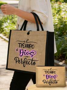 Juego de bolso de lona de lino de fe cristiana, bolso de hombro impreso con el verso religioso en español "El tiempo de Dios es perfecto", bolso de gran capacidad casual, bolso de compras con verso inspiracional, bolso de mano y bolsa de cosméticos, bolso para uso diario, viajes, trabajo y escuela para damas, regalo único para cumpleaños, festividades, día de la madre, vacaciones, boda y regreso a clases - Multicolor - Ver 3