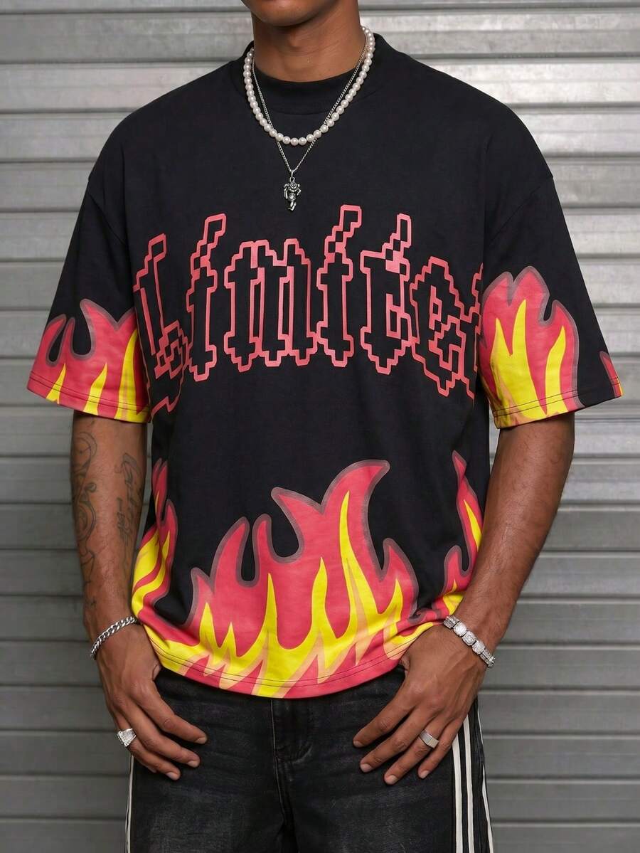 Men's Black Short Sleeve T-Shirt, Pixel Style Letter With Flame Print Design , Digital Flame Pattern. Loose Fit, Streetwear Style Item , Suitable For Urban Casual, Hip-Hop Or Summer Harajuku. - Multicolor - View 1