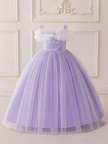 Vestido de princesa azul con hombros descubiertos, tirantes de espagueti y malla, adecuado para uso en fiestas para niñas - Púrpura malva - Ver 5