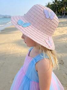 1pc Rainbow Butterfly Pink Straw Sun Hat For Little Girls, Summer Breathable Beach/Outdoor Vacation Hat, Fits Kids Ages 3-8 - 1PC - View 4