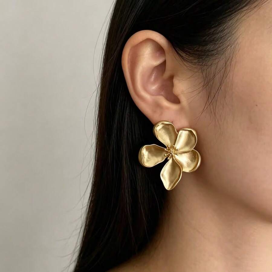 Hegaze 1对小众设计简约金色花朵耳环（女士款） - 金黃色 - 查看 1