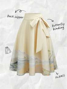Falda midi lisa de cintura alta para mujer con lazos laterales, diseño fluido elegante, ideal para primavera y verano - Caqui 3 - Ver 1