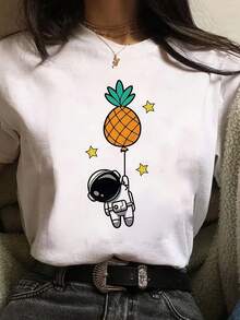 Printed T-Shirt With Cartoon Astronaut And Pineapple Design - 白色 - 查看 6