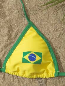 Conjunto de bikini con estampado de bandera de Brasil, estilo brasileño con atar, bikini de dos piezas, bikini triángulo, bikini de cuello halter, estilo brasileño con atar, traje de baño con estampado de bandera, ropa de playa de verano, atuendo para la Copa del Mundo, bikini patriótico, traje de baño de secado rápido para vacaciones - Amarillo - Ver 5