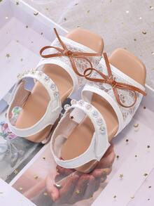1 Pair Of Girls' Iridescent Beaded Lace Mesh Sandals With Bow Decoration, Square-Toe Simple Design, Comfortable And Breathable, Open-Toe, One-Piece Heel, A Must-Have For Children's Everyday School Wear. - Beige - View 5