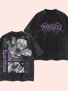 Men's Heavy Retro Street Style T-Shirt With Spiritbox Band Logo Print - Y2K Style Drip Ink Design Music Festival Outfit Loose Breathable Cotton Top - 黑色 - 查看 15