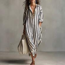 2026 New Fashionable Loose V-Neck Long Striped Summer Best-Selling Nine-Sleeve Women's Shirt Dress - 藍色 - 查看 2