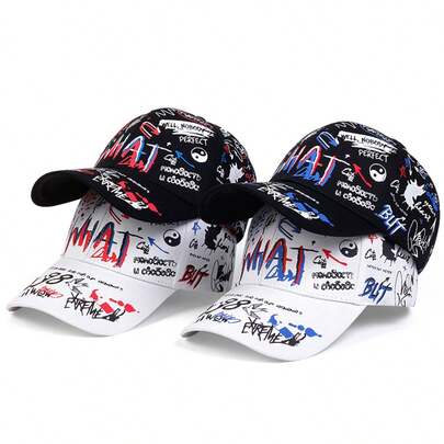 1pc Men's WHAT Letter Bagua Graffiti Print & Embroidery Baseball Cap, Streetwear Casual Hat For Spring, Autumn, Travel, Beach