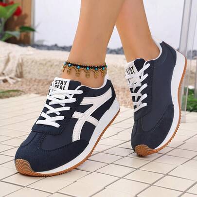2026 New Women's Black & White Retro German Style Training Sneakers, Suede Patch Lace-Up Low-Top Casual Shoes, Lightweight Soft Sole Versatile Athletic Shoes Suitable For Daily Street Wear