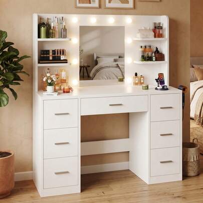 Devoko Large Dressing Table With Adjustable LED Lighting, Mirrored Dressing Table, With 7 Drawers, 4 Open Shelves And 2 Power Outlets, Suitable For Bedrooms, White