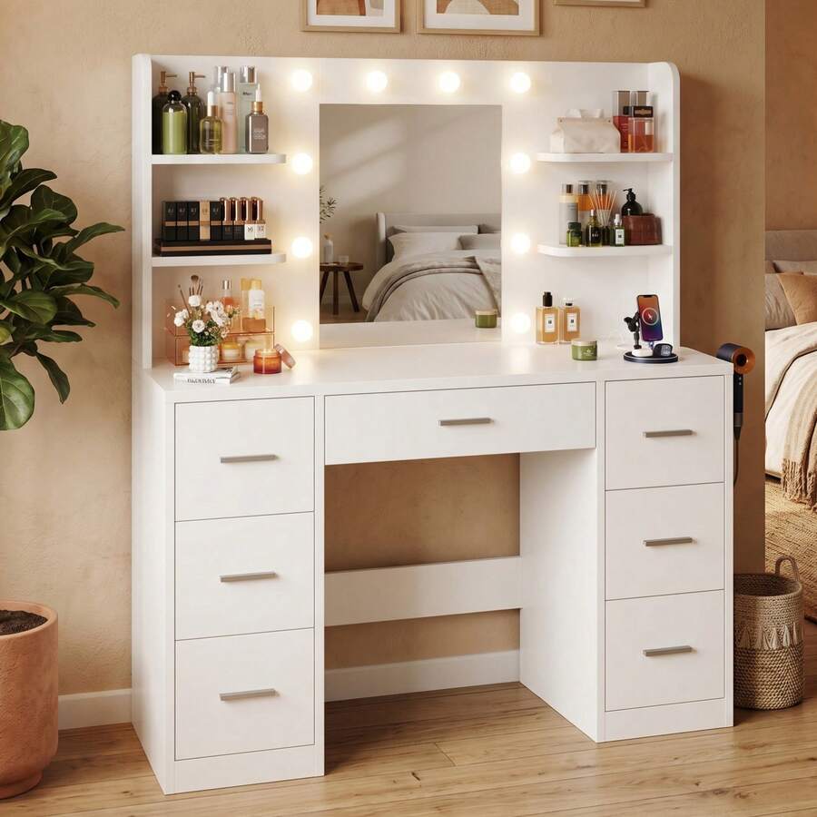 Devoko Large Dressing Table With Adjustable LED Lighting, Mirrored Dressing Table, With 7 Drawers, 4 Open Shelves And 2 Power Outlets, Suitable For Bedrooms, White - View 1