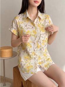 女士全印花纽扣前襟蝙蝠袖衬衫 - 黃色 - 查看 3