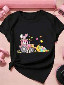 Maglietta con grafica di coniglietto pasquale e trattore, primavera, 100% cotone, girocollo, vestibilità comoda, stile street hip-hop - nero - Visualizzare 2