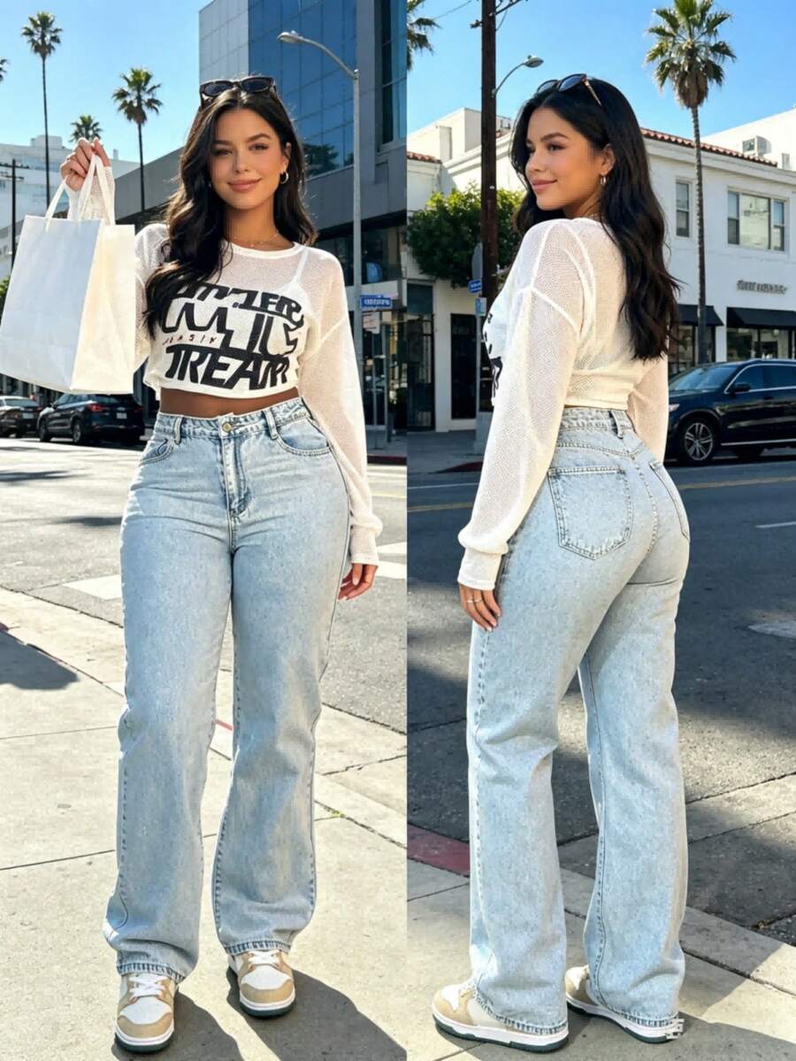 Black Wide Leg Jeans For Women, High Waist Loose Straight Denim Trousers, Casual Streetwear Baggy Pants Women's Casual High Waist Black Wide Leg Jeans - 淺藍色 - 查看 1