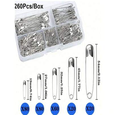 Ghim cài áo chống gỉ Redamancy 260 chiếc, 5 kích cỡ, kèm hộp đựng, dùng cho quần áo, đồ thủ công, may vá (Màu bạc)