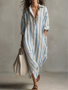 2026 New Fashionable Loose V-Neck Long Striped Summer Best-Selling Nine-Sleeve Women's Shirt Dress - 藍色 - 查看 12