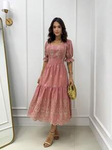 Elegant Midi Dress In Embroidered Cotton Lace With Short Sleeves. - Dusty Pink - View 1