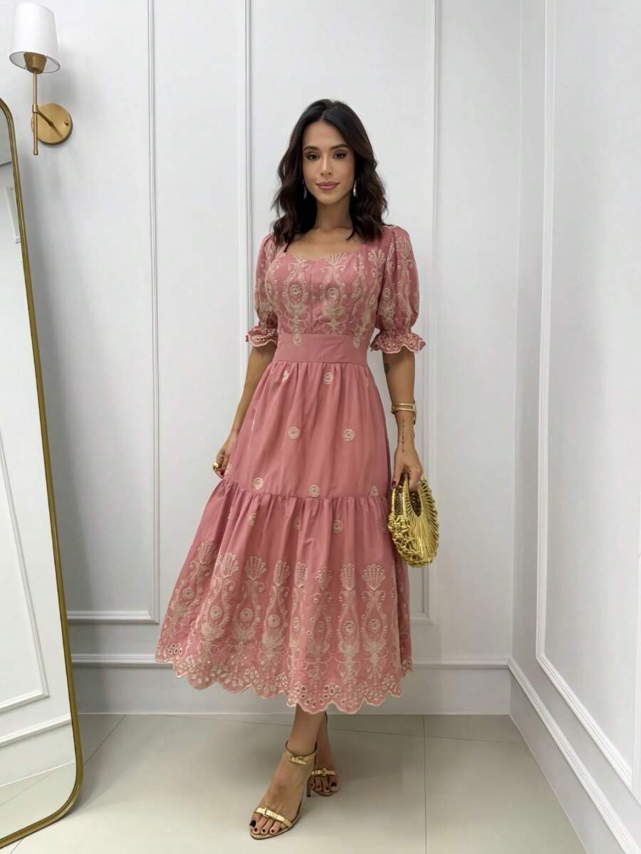 Elegant Midi Dress In Embroidered Cotton Lace With Short Sleeves. - Dusty Pink - View 1
