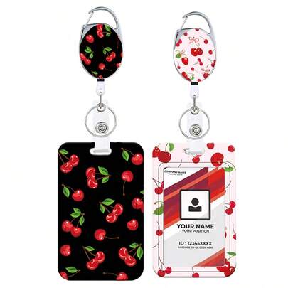 1pc (Badge Clip + Card Holder) Cherry ID Badge Reel, Interesting Work Label Badge Holder With Retractable Clip, Oval Card Holder With Retractable Buckle, Nurse Badge Accessories, Backpack Hanging With Keychain, Retractable Badge Clip Set, Bus Card/ID Card Protector, For Doctors, Teachers, Nurses, Men & Women Office Supplies (Black)