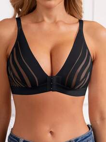 1pc Front Closure Mesh Patchwork Striped Lace Wireless Thin Cup Bra Without Padding, Easy To Wear - Black - View 4