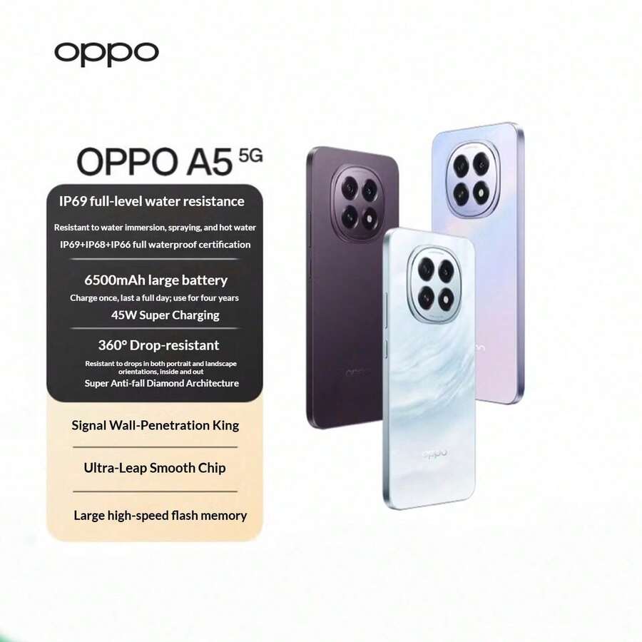 OPPO أوبو A5 5G مقاوم للماء بمعيار IP69، مقاوم للسقوط من 360 درجة، بطارية طويلة الأمد 6500 مللي أمبير، اختراق للإشارة، أداء سلس، باللون الأزرق/الوردي/الأسود، 8+128 جيجابايت/8+256 جيجابايت - متعدد الألوان - مشاهدة 1