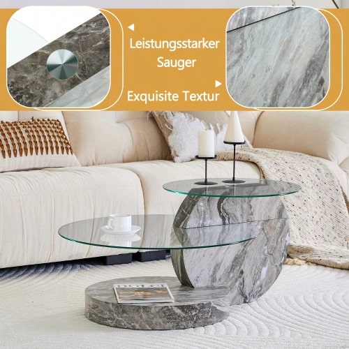 Modern Minimalist Coffee Table Made Of Safety Glass, Two-Tiered, Round Marble-Effect Top, MDF Base, Grey Marble-Effect Stickers. Various Colors Available. - 灰色的 - 查看 1