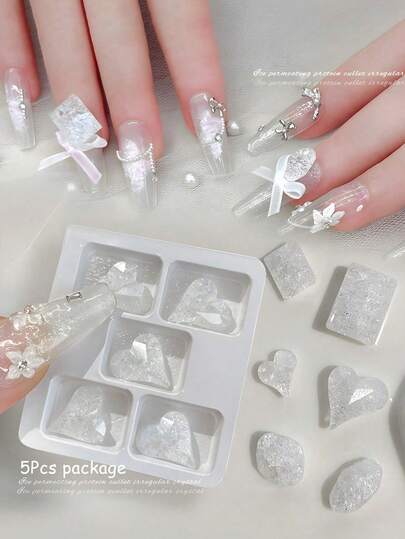5Pcs Boxed Summer Ice Crystal Nail Rhinestones, Clear Square Heart Pointed Back Nail Decor