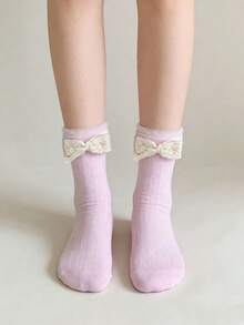 1/5 Pairs Sweet Bow Ruffle Striped Mid-Calf Socks, All Season - Multicolor - View 13