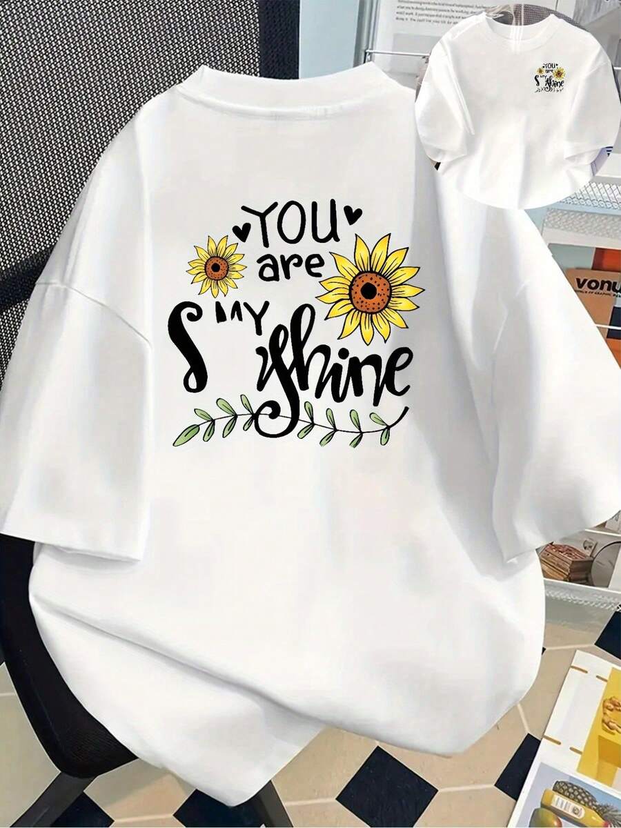 Nuovo modello 20262026Sei il mio raggio di sole, maglietta a maniche corte con stampa di girasoli, girocollo, top casual per l'estate e la primavera, abbigliamento femminile, magliette estive - [Bianco] - Visualizzare 1