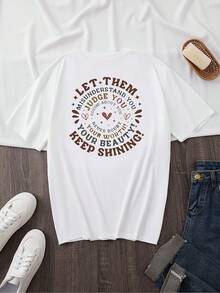 Women's Plus Size Colorful Round Neck Short Sleeve T-Shirt With Double-Sided "LETTHEM" Print, Spring Outfit. - White - View 2