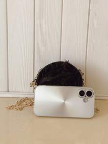 Fashionable 3D Lace Flower Round Handbag, Cute Unique Multi-Purpose Chain Shoulder/Crossbody Bag - Black - View 3