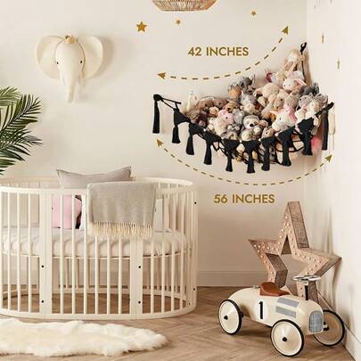 1 pieza Almacenamiento de esquina de gran capacidad, hamaca de muñeca de estilo bohemio, material de cuerda de algodón trenzado, color negro sólido, diseño colgante de pared con flecos, ahorro de espacio, adecuado para almacenar muchas muñecas, juguetes, organizador de pared para dormitorio