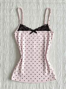 Áo hai dây ren chấm bi hồng nhạt mùa hè, áo crop top ôm sát màu đen thắt nơ nữ tính. - Màu Hồng baby - Xem 1