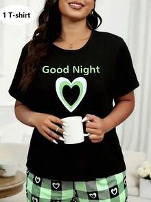 2026.Tops.Heart Pattern Sleep Shirt - Soft Black Cotton T-Shirt With Green Text And Heart Outlines, Perfect For Relaxing At Home, Combining Comfort And Fashion, Adding A Touch Of Comfort To Your Loungewear Collection, Ideal For Gifts And Casual Wear.Summer Outfits For Women - 黑色 - 查看 6