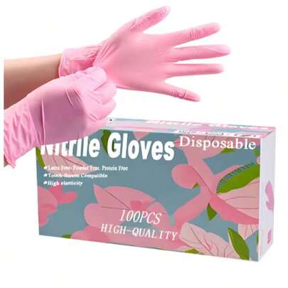 100PCS Pink Gloves Disposable Latex-Free Food For Cooking Cleaning Household Pet Care Beauty Spa Nail Tattoo Hair Dying Nitrile Gloves Powder Free