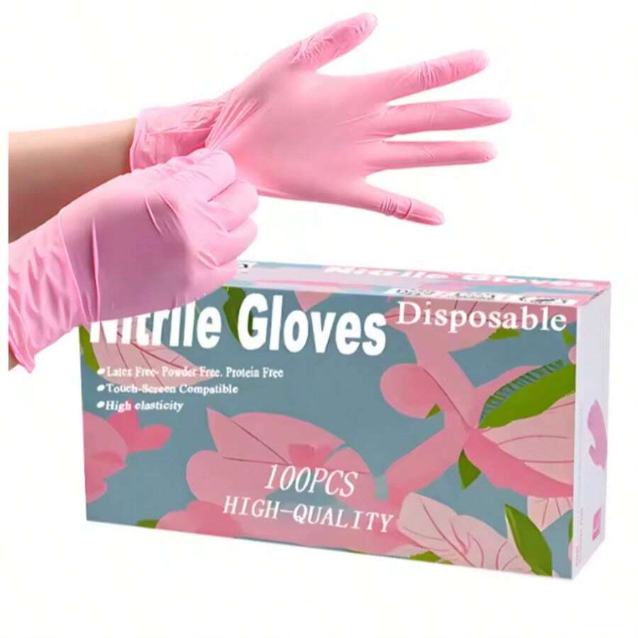 100PCS Pink Gloves Disposable Latex-Free Food For Cooking Cleaning Household Pet Care Beauty Spa Nail Tattoo Hair Dying Nitrile Gloves Powder Free - 100件L - 查看 1