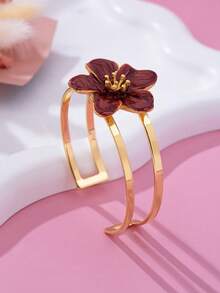 1pc Fashionable Elegant Artificial Drip Oil Coffee Tone Five-Petal Flower Open Bangle Bracelet For Women, Suitable For Daily Wear And Holidays, An Excellent Gift Choice (Gift Box Not Included) - Coffee Brown - View 4