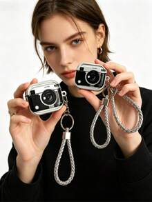 1pc Vintage Camera Shockproof Earphone Case + Lanyard Bluetooth Earphone Charging Case Compatible With Apple 1st/2nd/3rd/Pro/Pro 2nd Generation, Creative Design - Electroplated Silver Black Camera - View 1