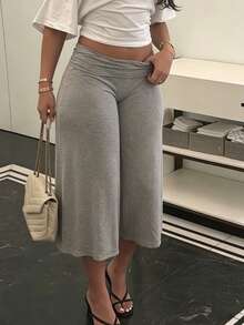 Pantaloni a vita alta a gamba ampia, Pantaloni a vita bassa elasticizzati e ampi, Pantaloni sportivi eleganti da pendolare a vita larga e slim fit in colore unito per le donne - Grigio - Visualizzare 5