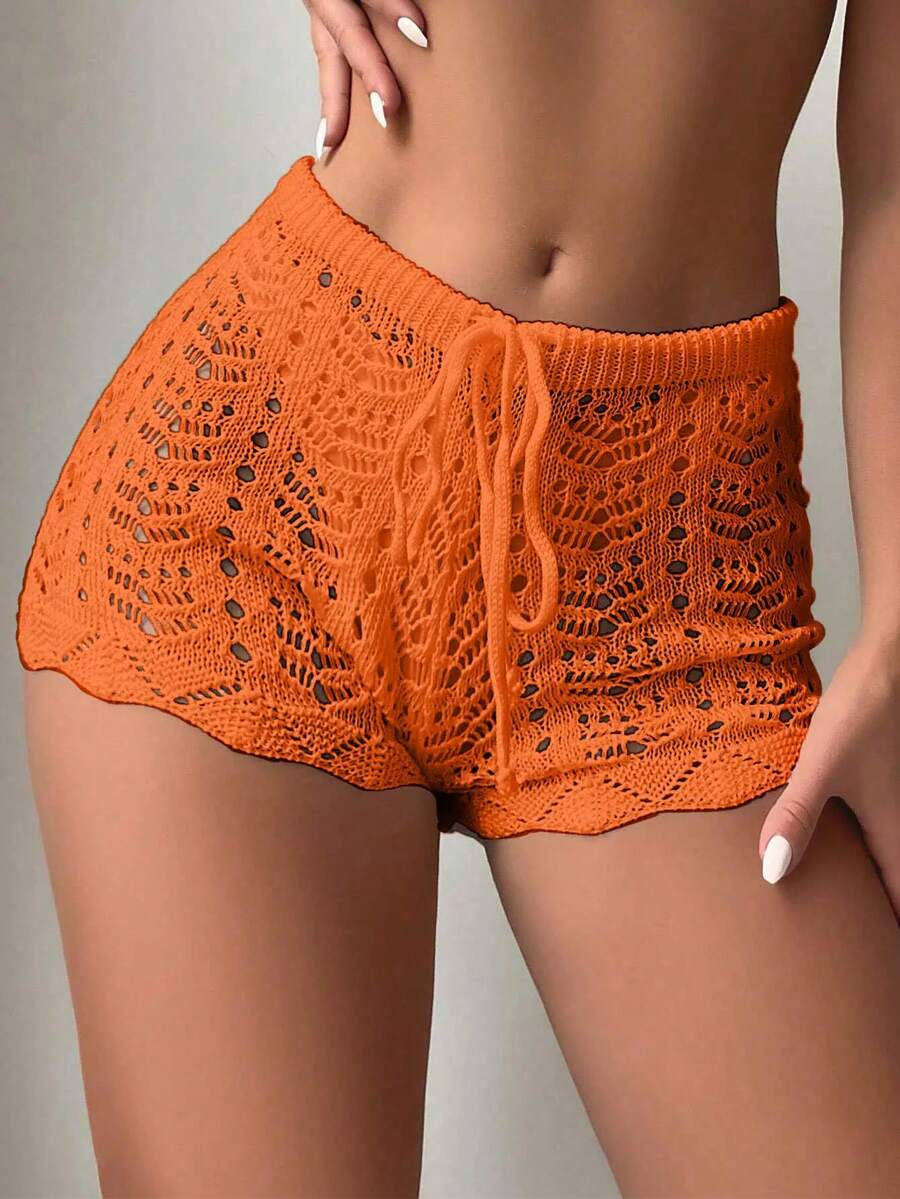 Traje de baño de ajuste cómodo con diseño de bloque de pantalones cortos de bikini de punto con cintura abierta y cordón hueco para mujer - NARANJA ROJO - Ver 1