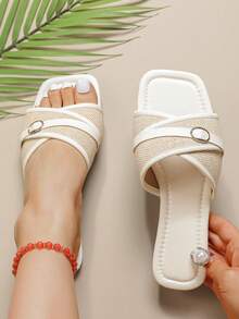 Sandalias planas con hebilla de metal tejida, estilo minimalista elegante para playa, hogar y uso diario, con puntera abierta y cuadrada, color albaricoque - Albaricoque - Ver 2
