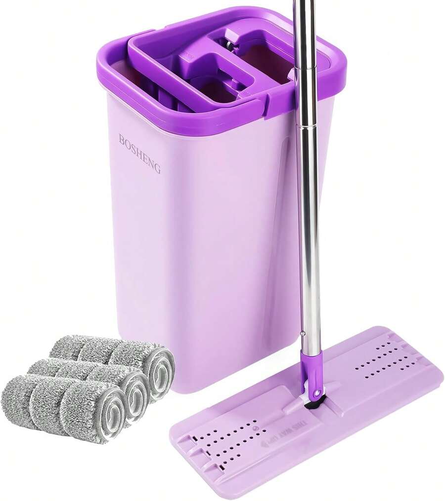 BOSHENG Mop And Bucket With Wringer Set, Hands Free Flat Floor Mop And Bucket, 3 Washable Microfiber Pads Included, Wet And Dry Use, Home Floor Cleaning System For All Floor Types And Windows, Purple - MàuB - Xem 1